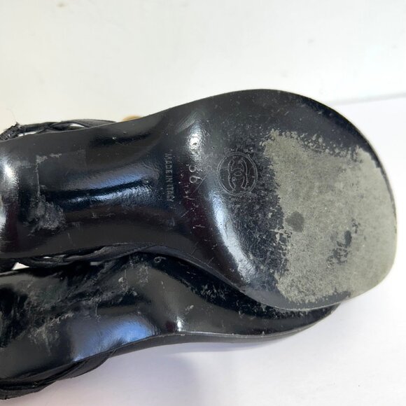 Chanel Sz 36 Black Leather Slingback Heels With Gold Chain Rhinestone Detail - Picture 11 of 14